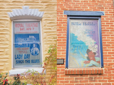 Two painted window screens each featuring Billie Holiday