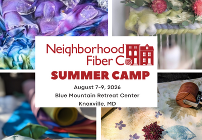 Advertisement for Neighborhood Fiber Summer Camp with images of fiber art projects.